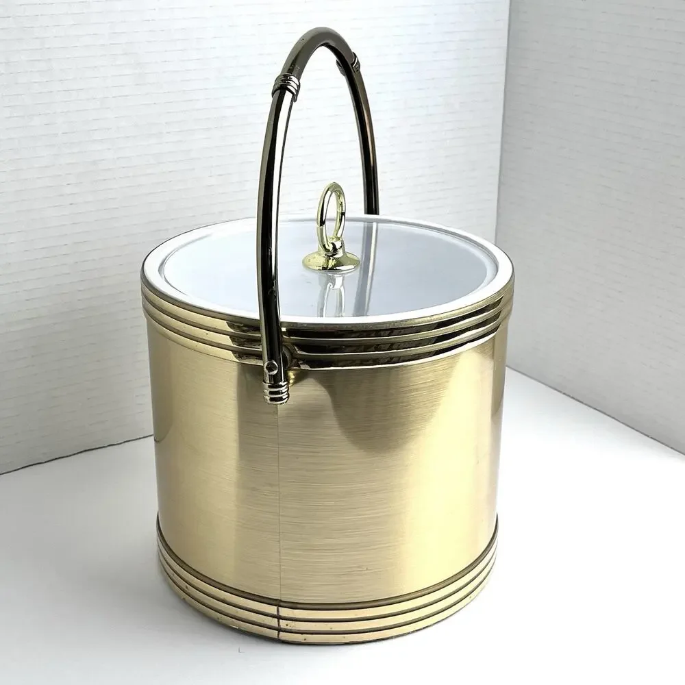 VTG Shelton Designs Brushed Gold Insulated Ice Bucket Metal Handle Lucite Lid US